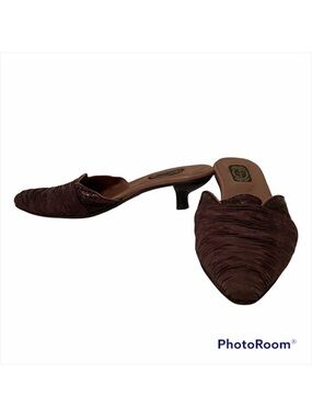 SALPY SHOES MULES HEELS PURPLE FABRIC AND LEATHER USA HANDMADE Size 7.5